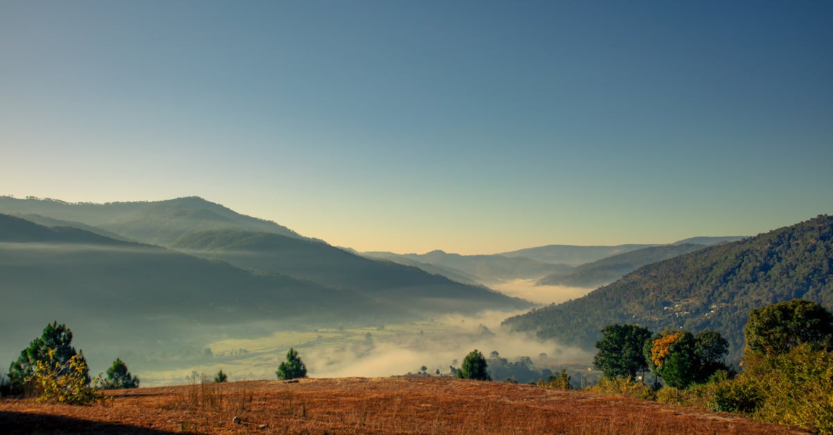 Breathtaking sunrise view of misty valleys in Chaukhutiya, India, with lush hills and a peaceful atmosphere.