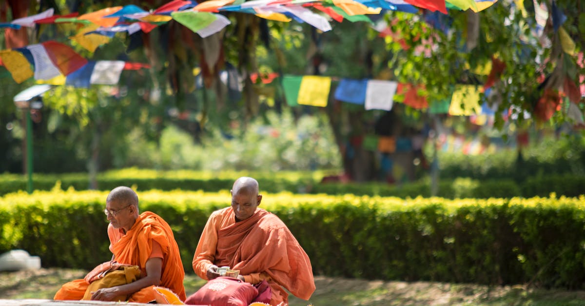 Two Buddhist monks in orange robes meditate outdoors at a vibrant Lumbini garden with prayer flags.
